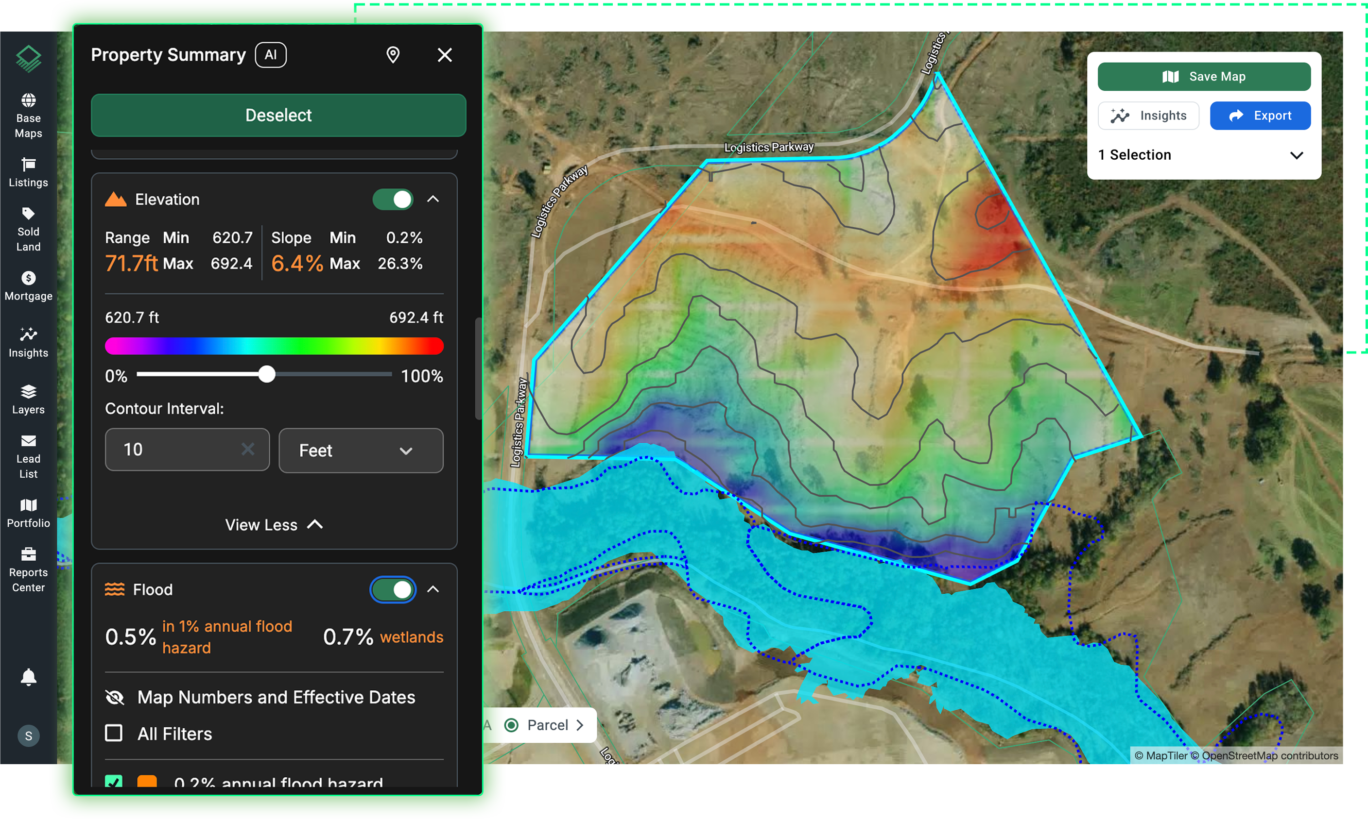 Acres Site Planner showing integrated diligence workflow including elevation and flood zone data