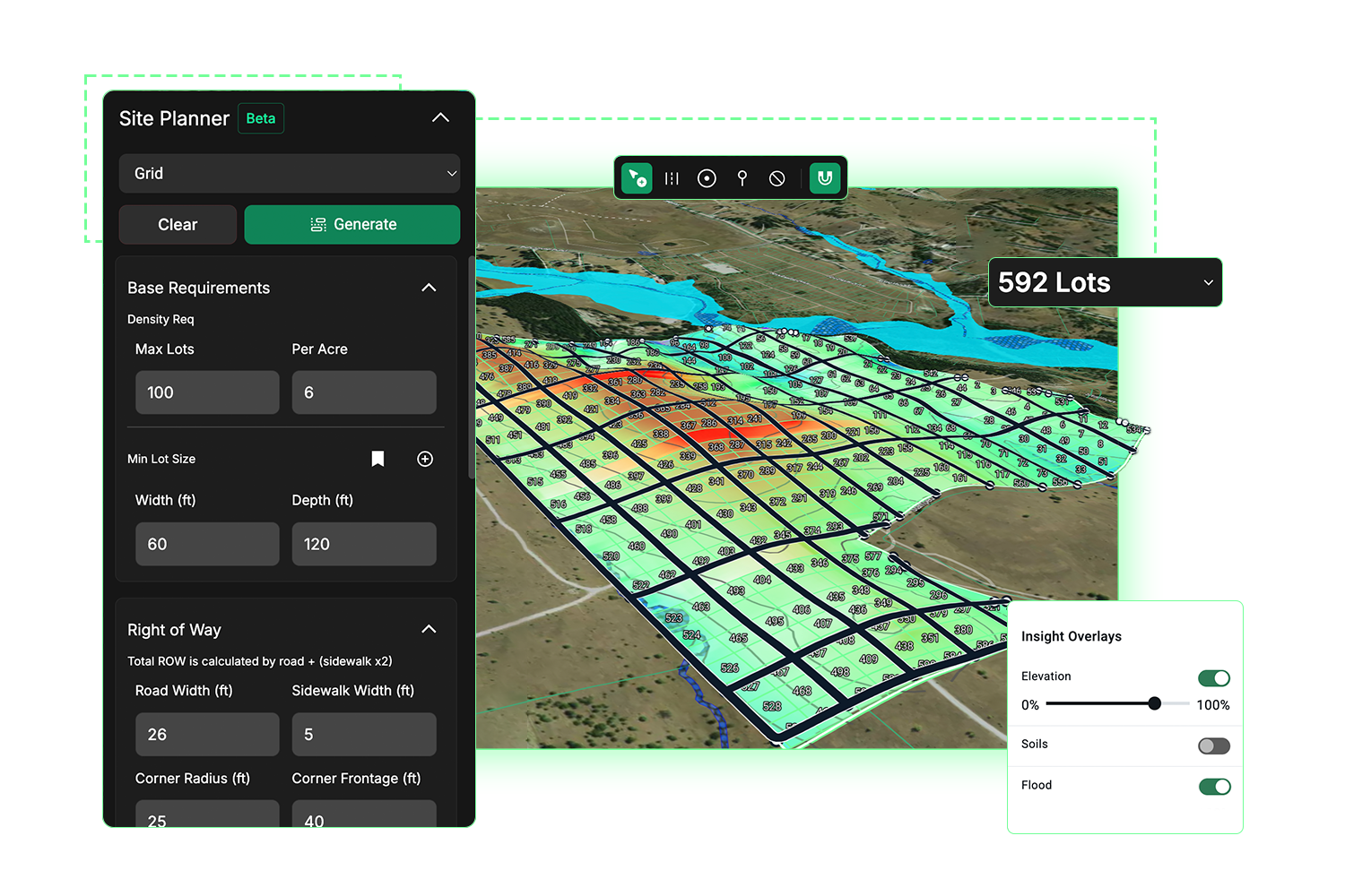 Acres Site Planner customizable lot type and road layout configuration