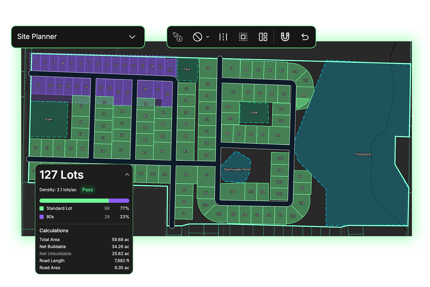 Acres Site Planner real-time lot yield report with density pass-fail check