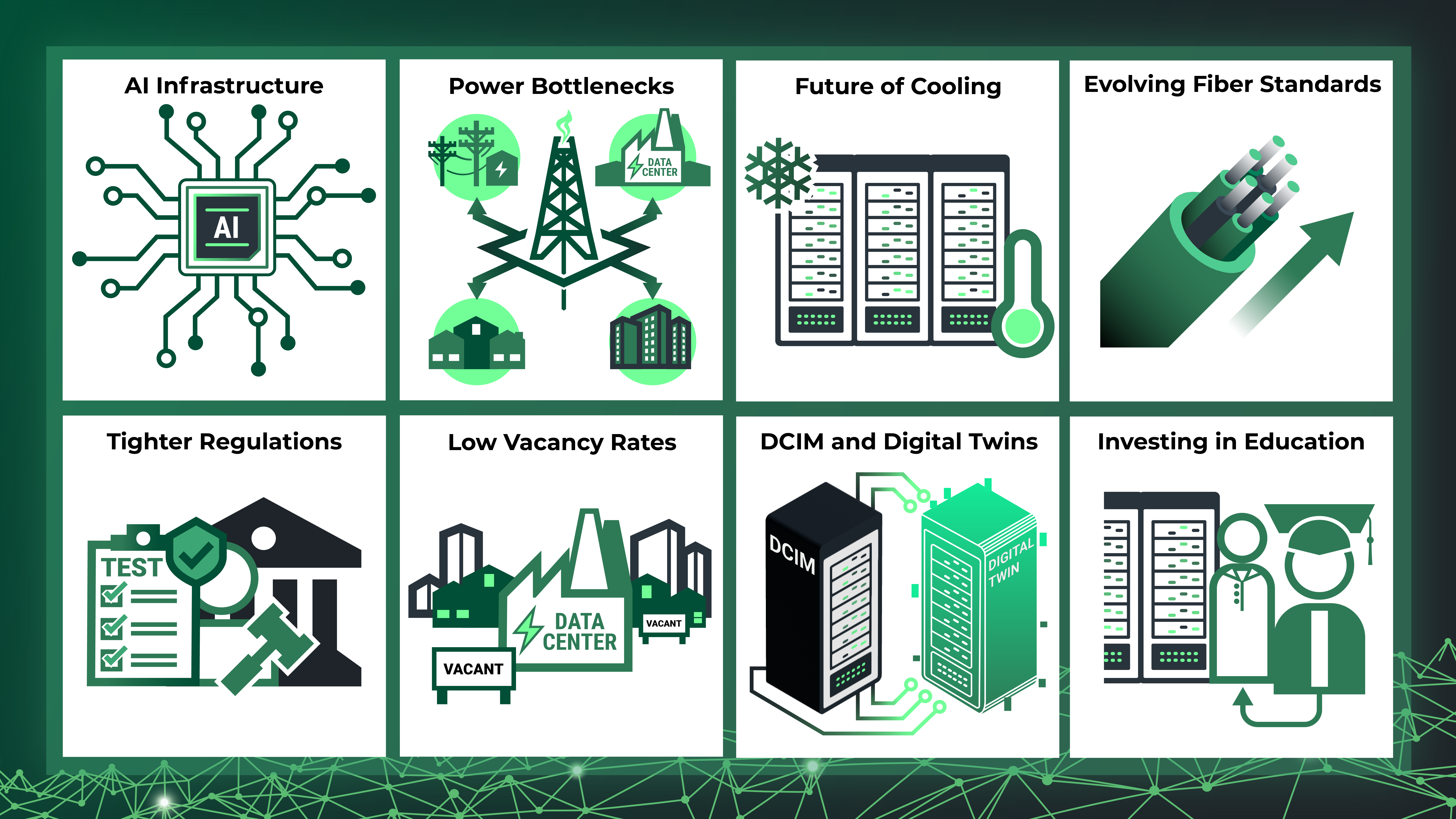 Infographic overview of 8 key U.S. data center trends for 2026 including AI infrastructure, power bottlenecks, and liquid cooling.