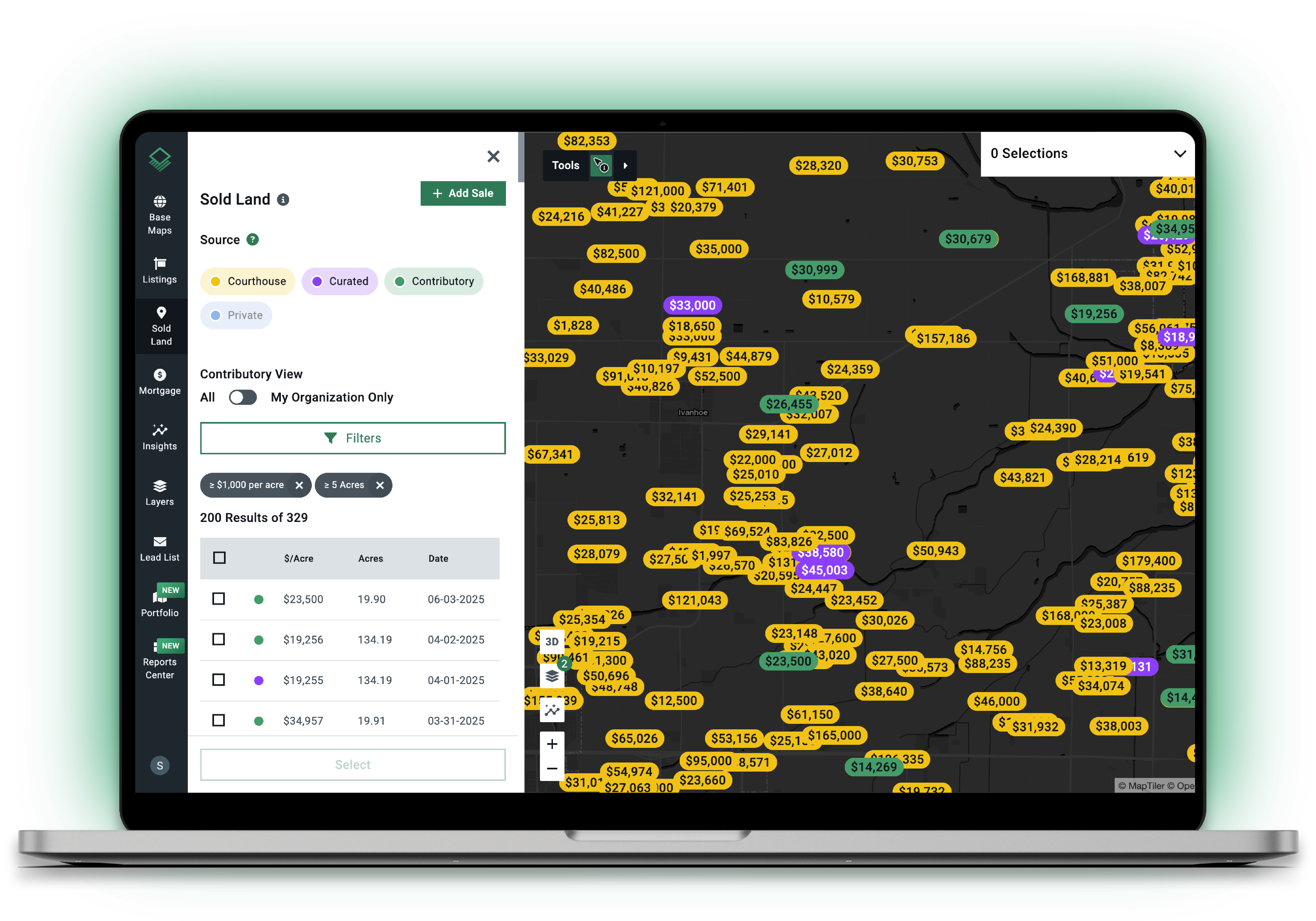 Acres platform laptop screenshot showing a land sales comps map with price-per-acre labels across U.S. parcels, filtered by acreage range and sale date, with a comparable sales results list for land valuation and market pricing