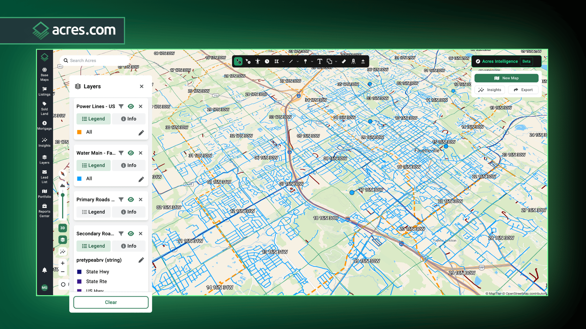 Acres.com power access and infrastructure proximity including primary and secondary roads map