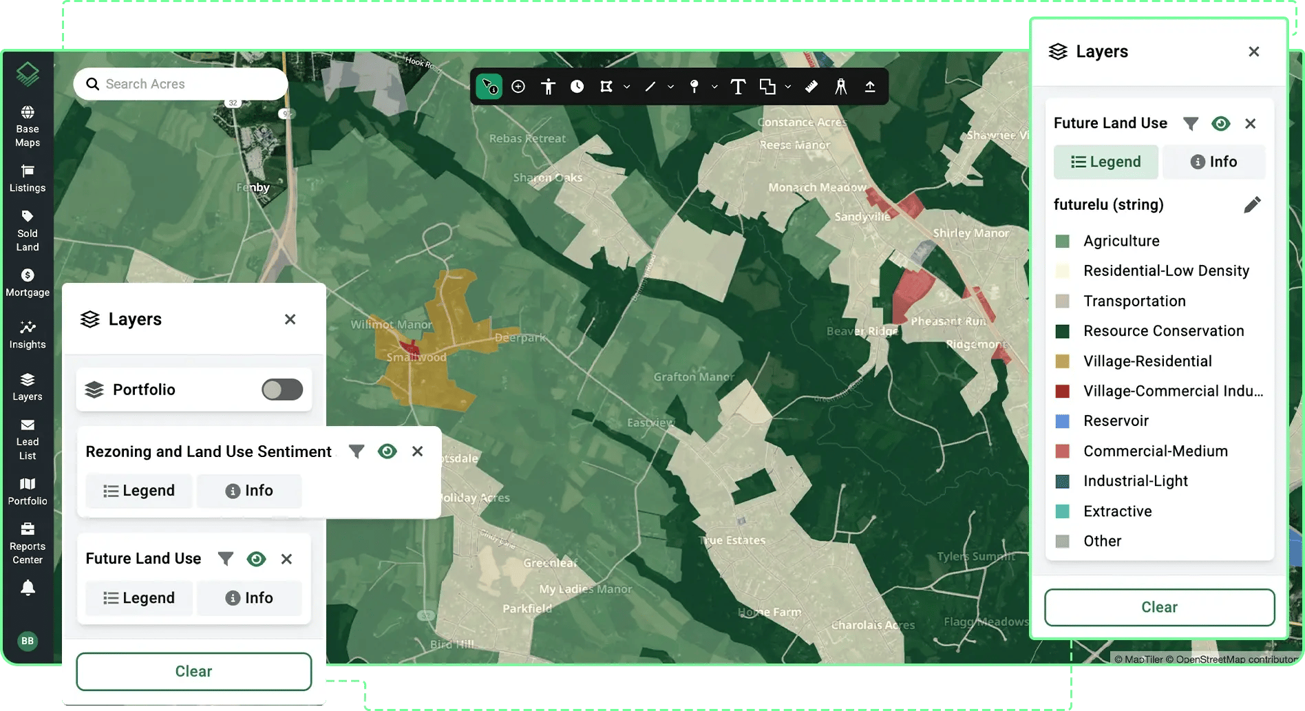 Acres GIS platform mapping future land use designations and rezoning sentiment layers for data center site selection.