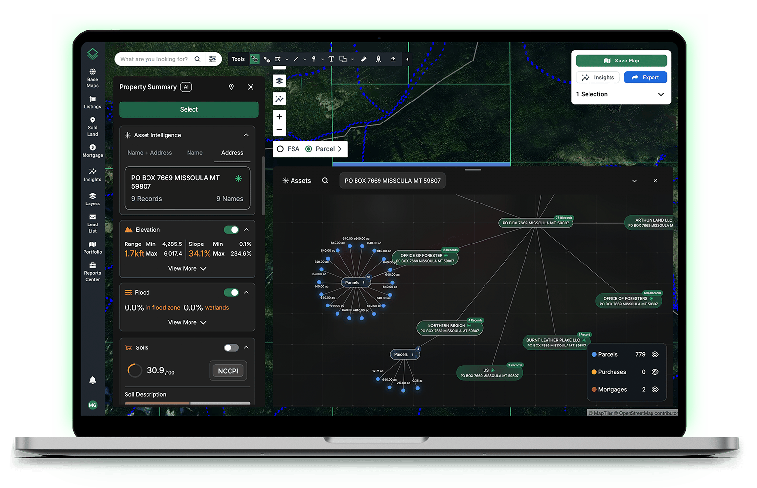Asset Intelligence dashboard from Acres.com showing borrower land portfolio verification with connected parcels, mortgages, and ownership nodes
