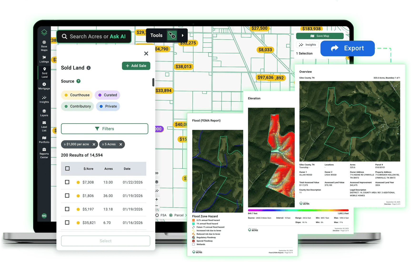 Acres collateral valuation tools showing sold land map with elevation, flood zone, and branded property report for land lending