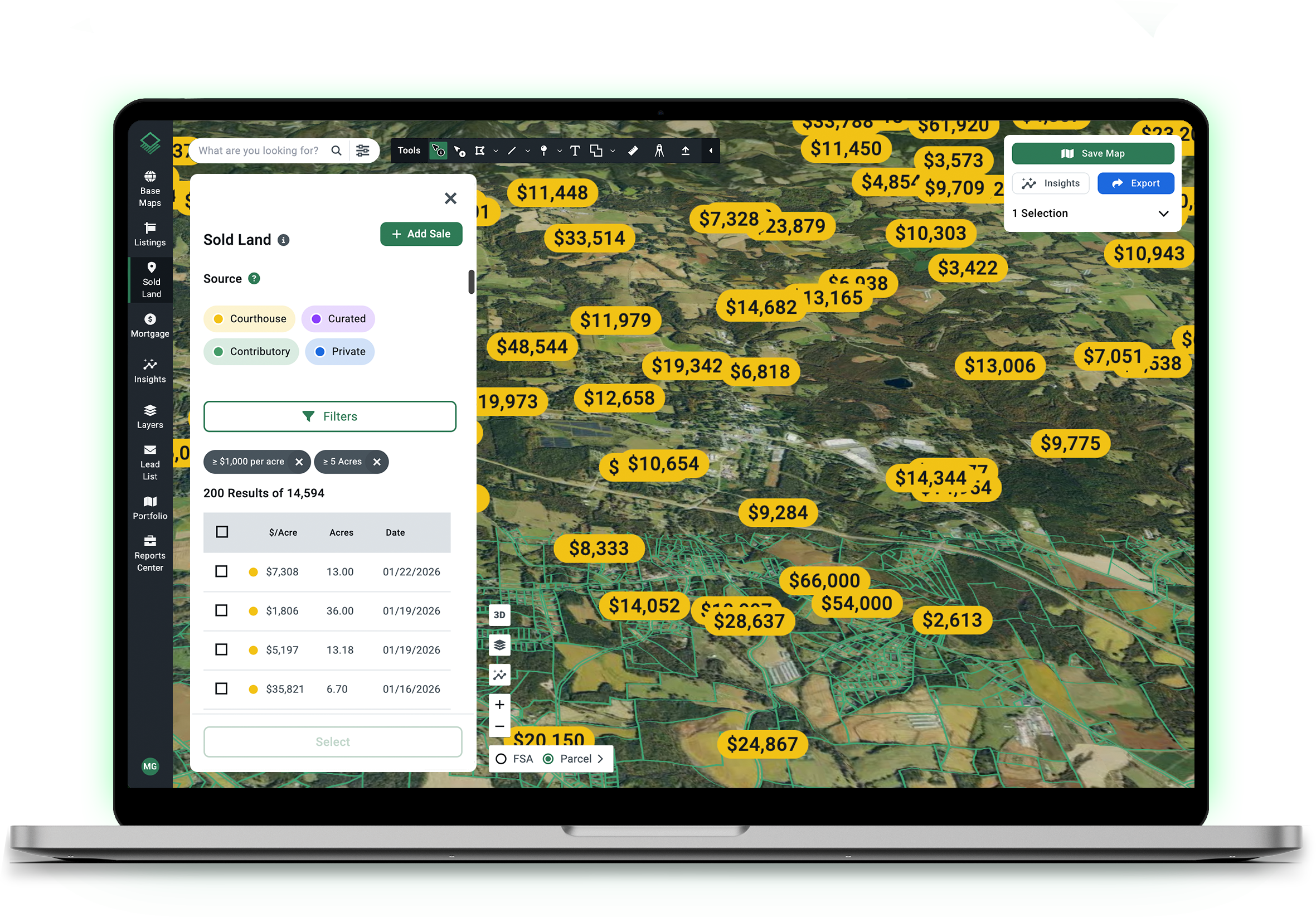 Acres.com displaying a comparable sales map with recent land sale prices per acre across a market area to help land buyers determine parcel value during land acquisition