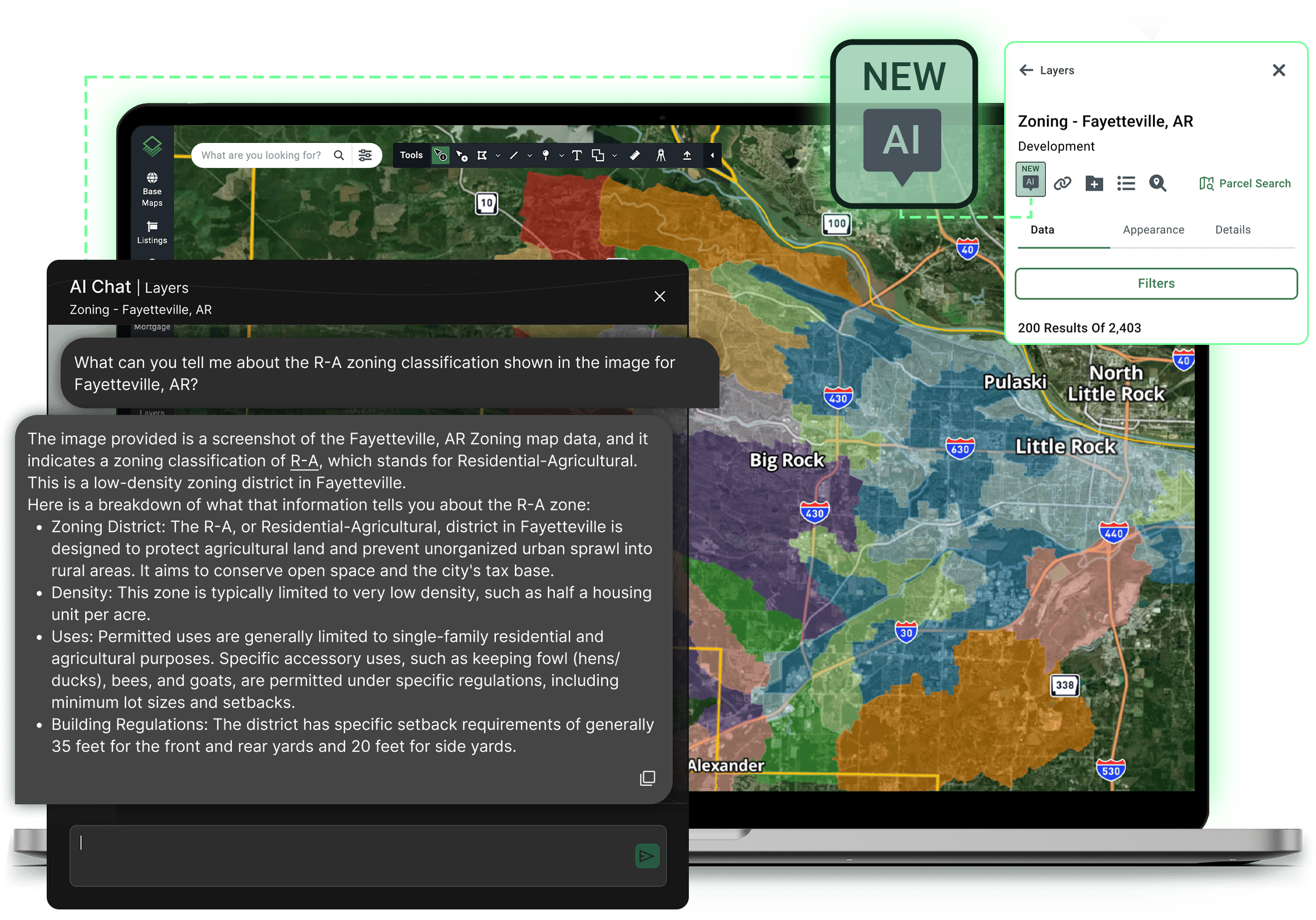 A laptop displays the Acres platform and zoning AI chat, showcasing interactive mapping and land data tools for land investment research.