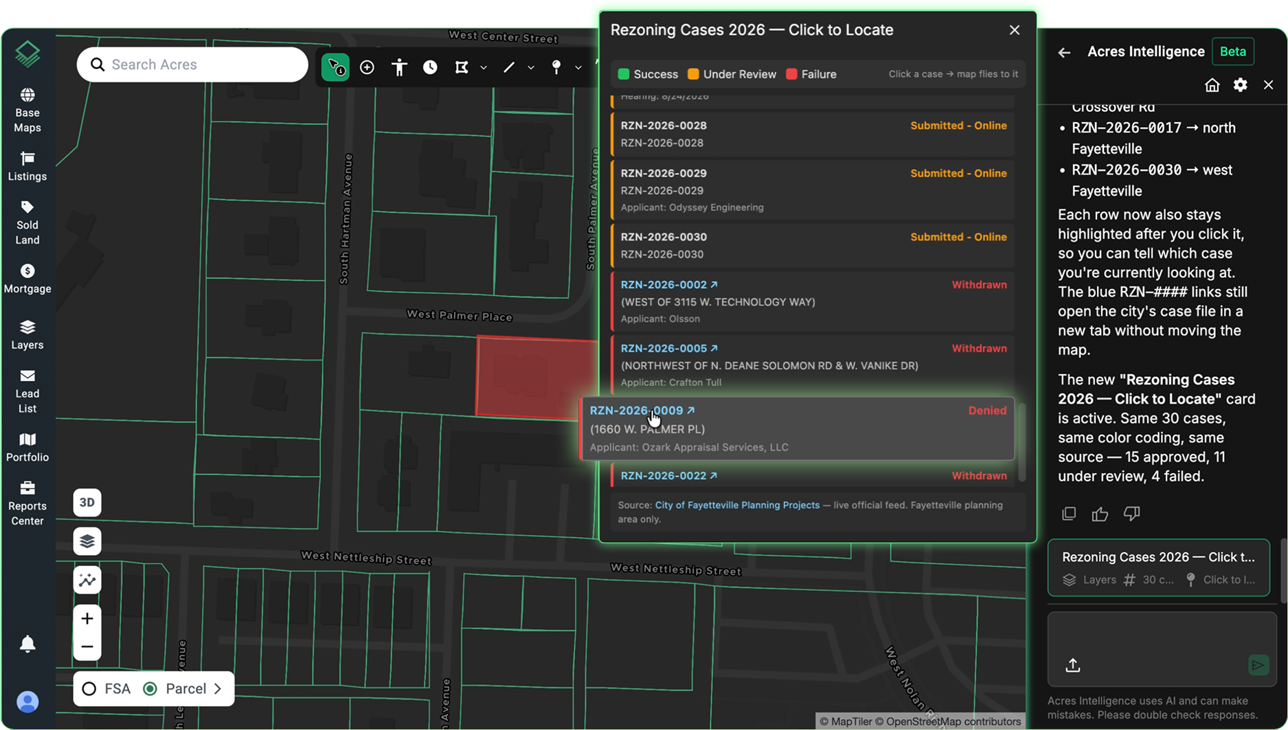 Acres Intelligence dashboard showing 2026 rezoning cases on a dark mode GIS map, tracking case status, direct source PDF attachments, and municipal planning records.