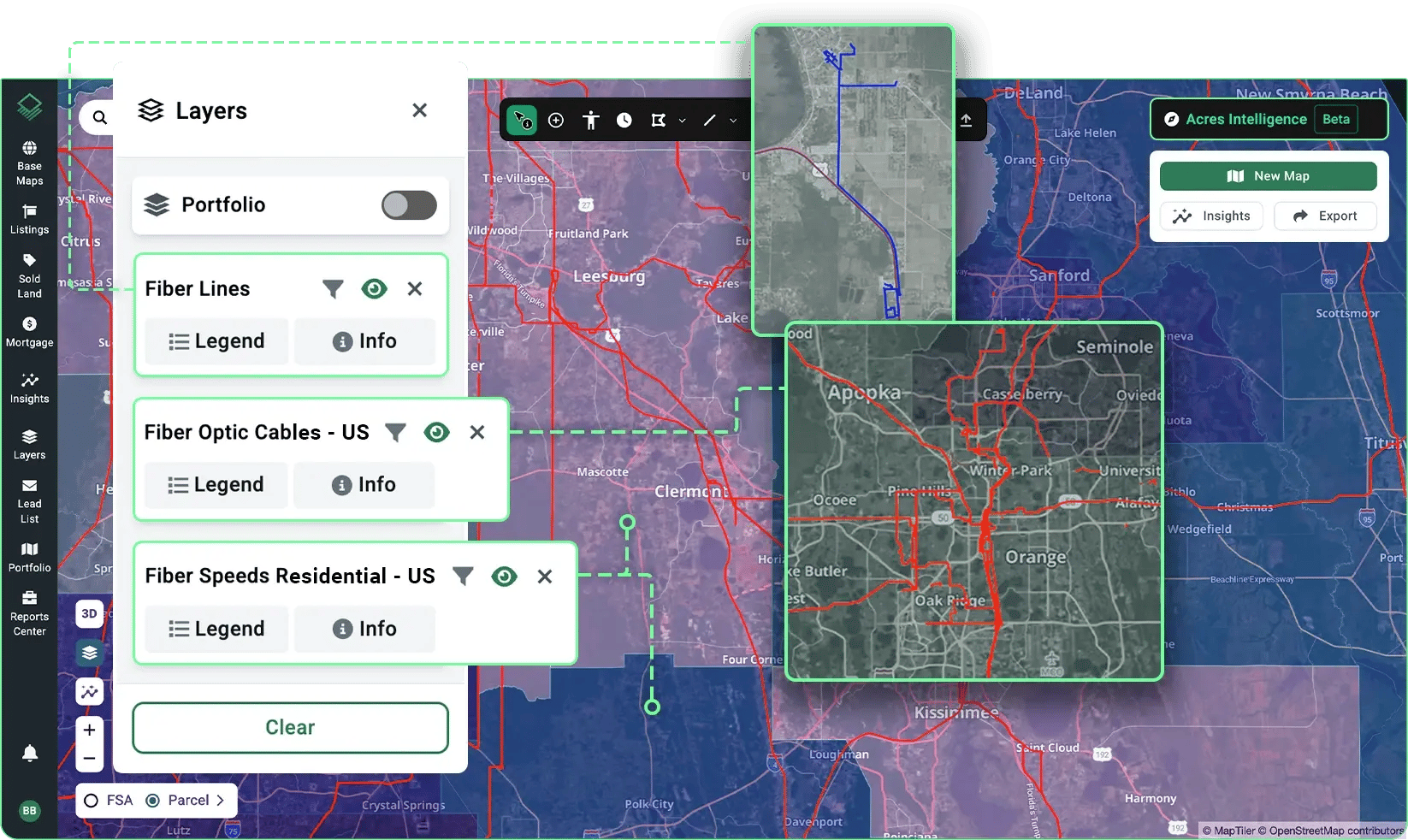 Acres land data platform interface displaying active Fiber Lines and Fiber Optic Cables map layers to evaluate carrier diversity, route proximity, and network infrastructure across land parcels for data center site selection.