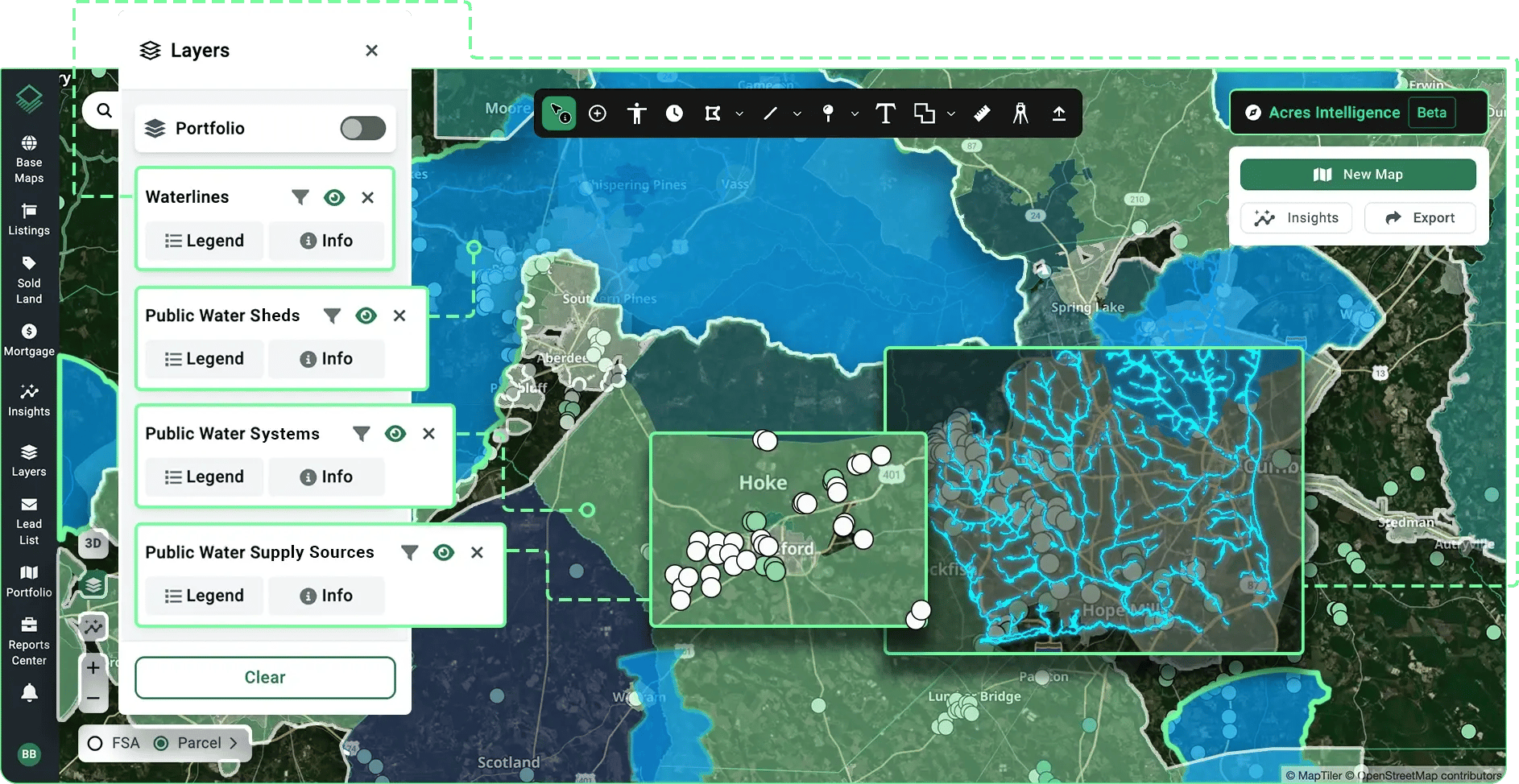 Acres land data platform interface displaying Waterlines, Public Water Sheds, and Public Water Systems layers to evaluate water supply access and cooling feasibility for data center site selection.