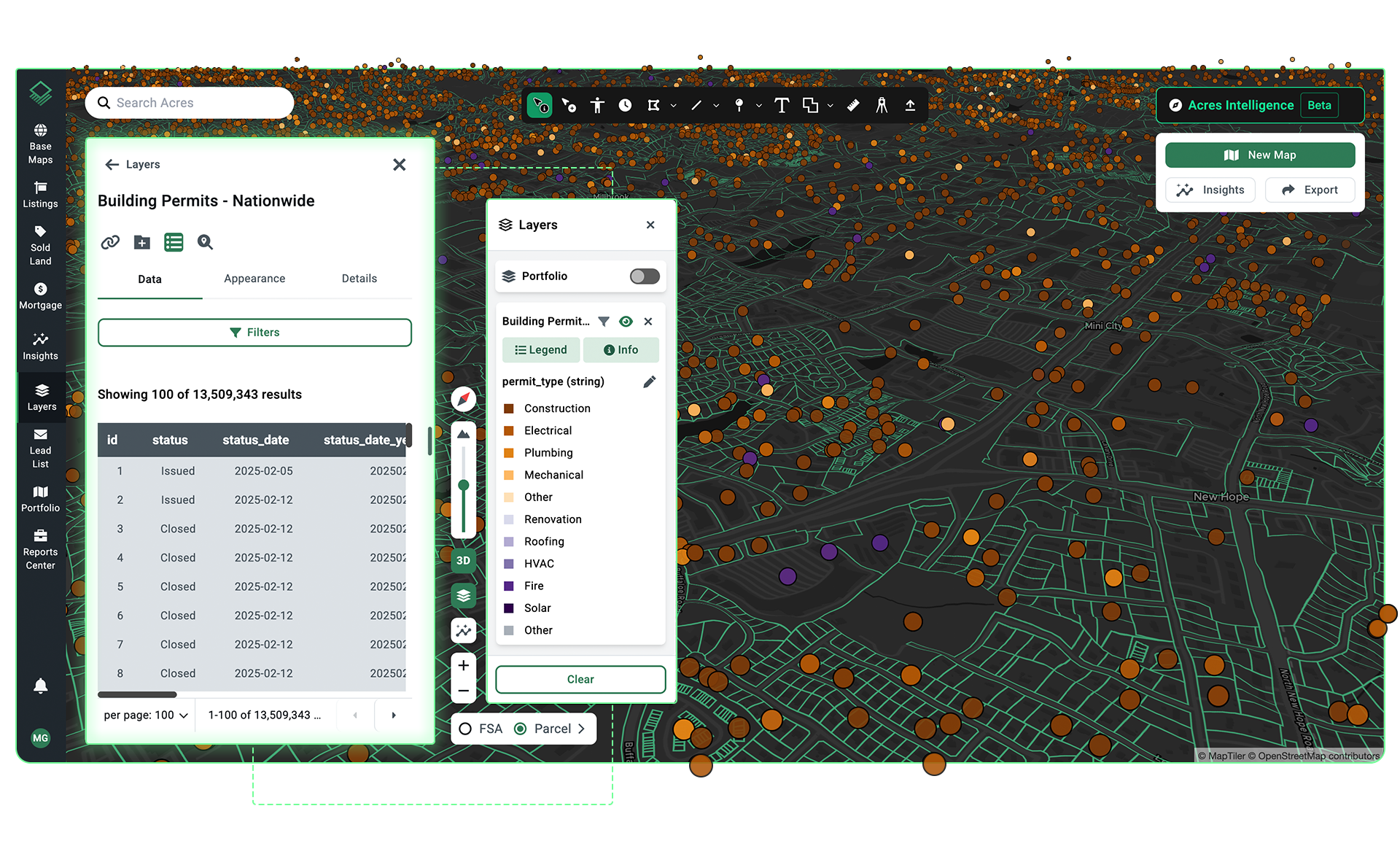 Acres platform screenshot showing nationwide building permit data visualized by permit type across a parcel map, giving land buyers a first-pass market signal to identify high-permit-activity geographies before running parcel-level due diligence