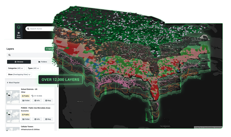 Acres interactive parcel map showing nationwide land search coverage with over 12,000 data layers available, letting land buyers filter by geography, zoning, flood zones, and infrastructure proximity to eliminate poor candidates before clicking into a single listing