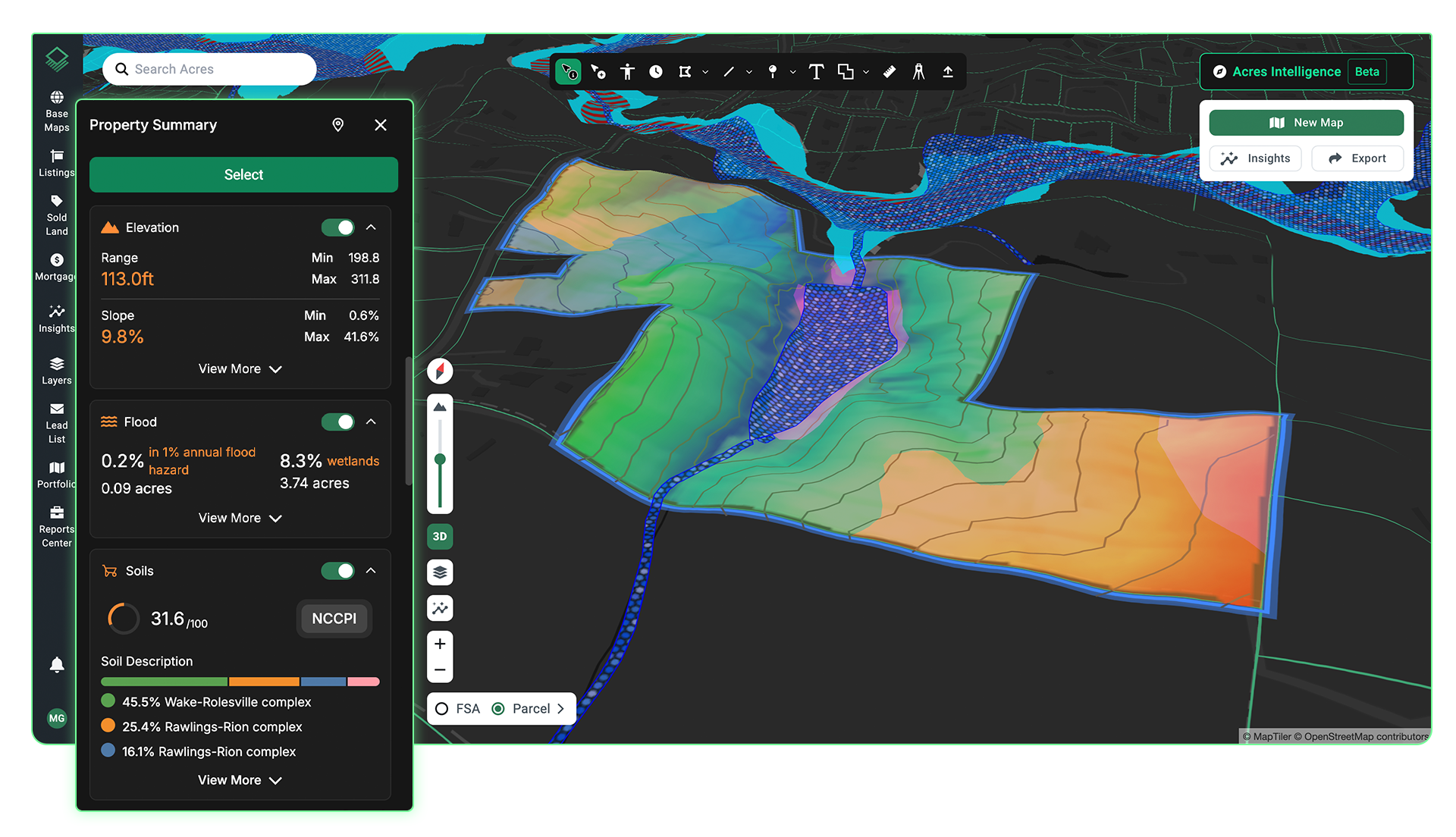 Alt text: Acres platform screenshot showing elevation, slope, flood zone, wetlands, and soil productivity data layered over a 3D parcel view, surfacing the environmental factors that drive site grading, drainage, and excavation costs before a homebuilder's first site visit