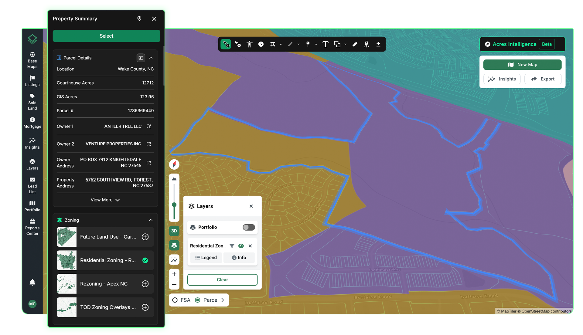 Acres map-first land search platform showing ownership, zoning, and future land use data consolidated in a single parcel view, so land buyers have a complete picture before the first offer is considered without navigating separate county sources