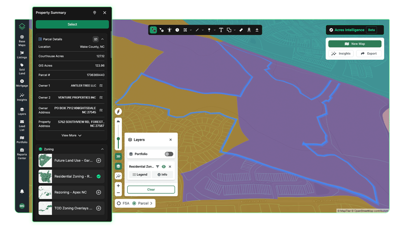 Acres platform screenshot showing ownership records, parcel boundaries, zoning designations, and future land use layers, consolidating the key due diligence data points needed to qualify a site for residential development in one view