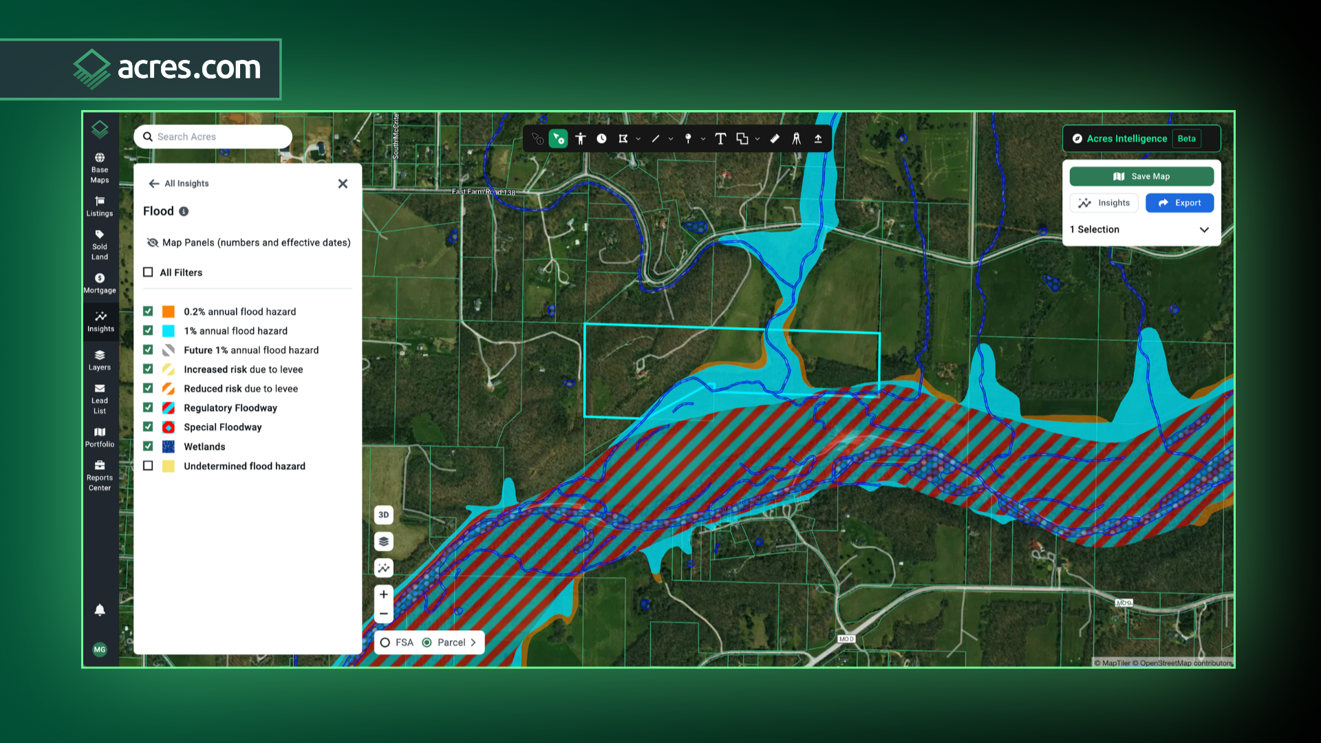Acres.com flood risk and environmental risk map view