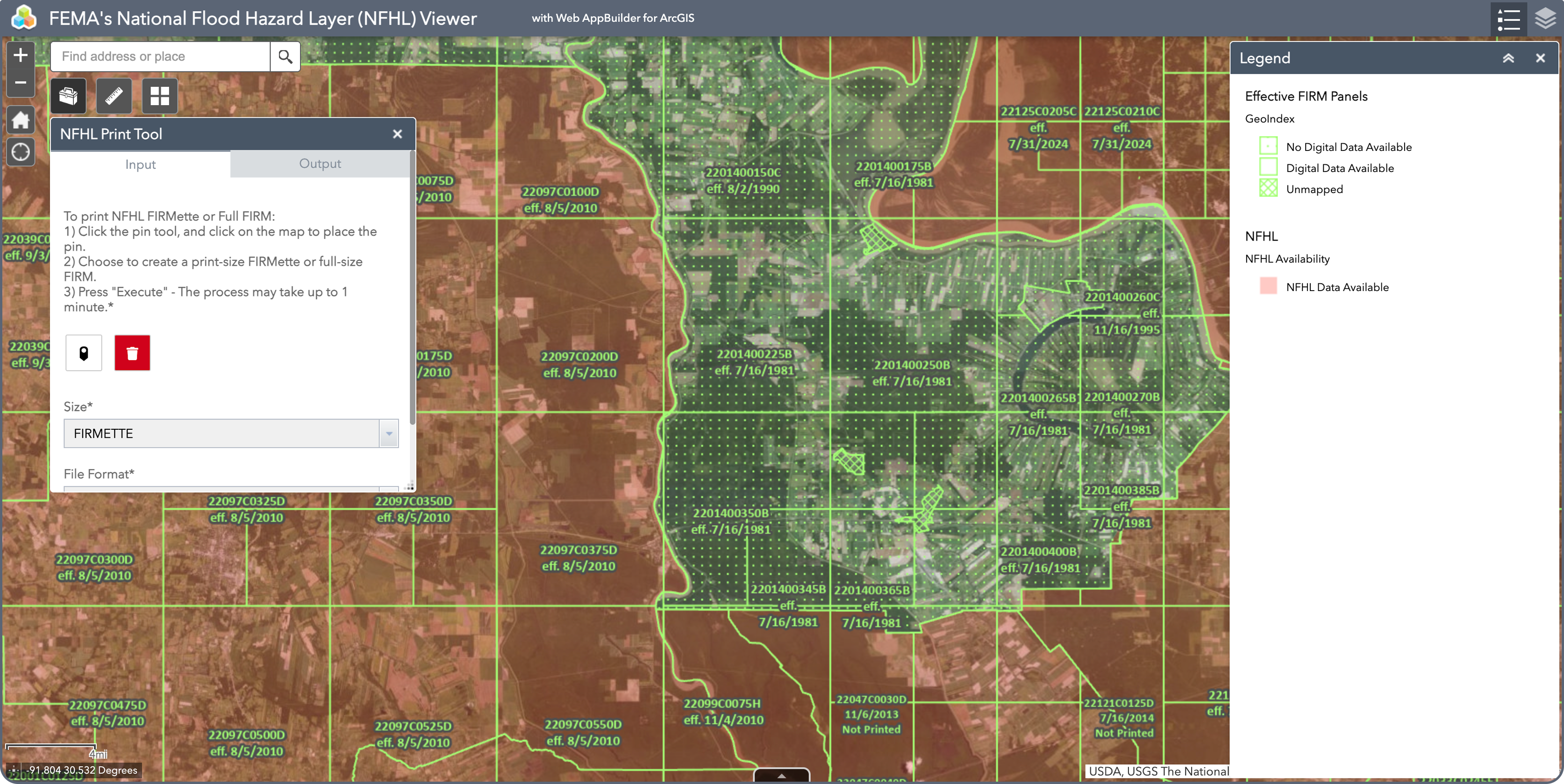 FEMA's National Flood Hazard Layer (NFHL) Viewer displaying flood zone boundaries and FIRM panel data overlaid on a satellite map to support land site selection and due diligence