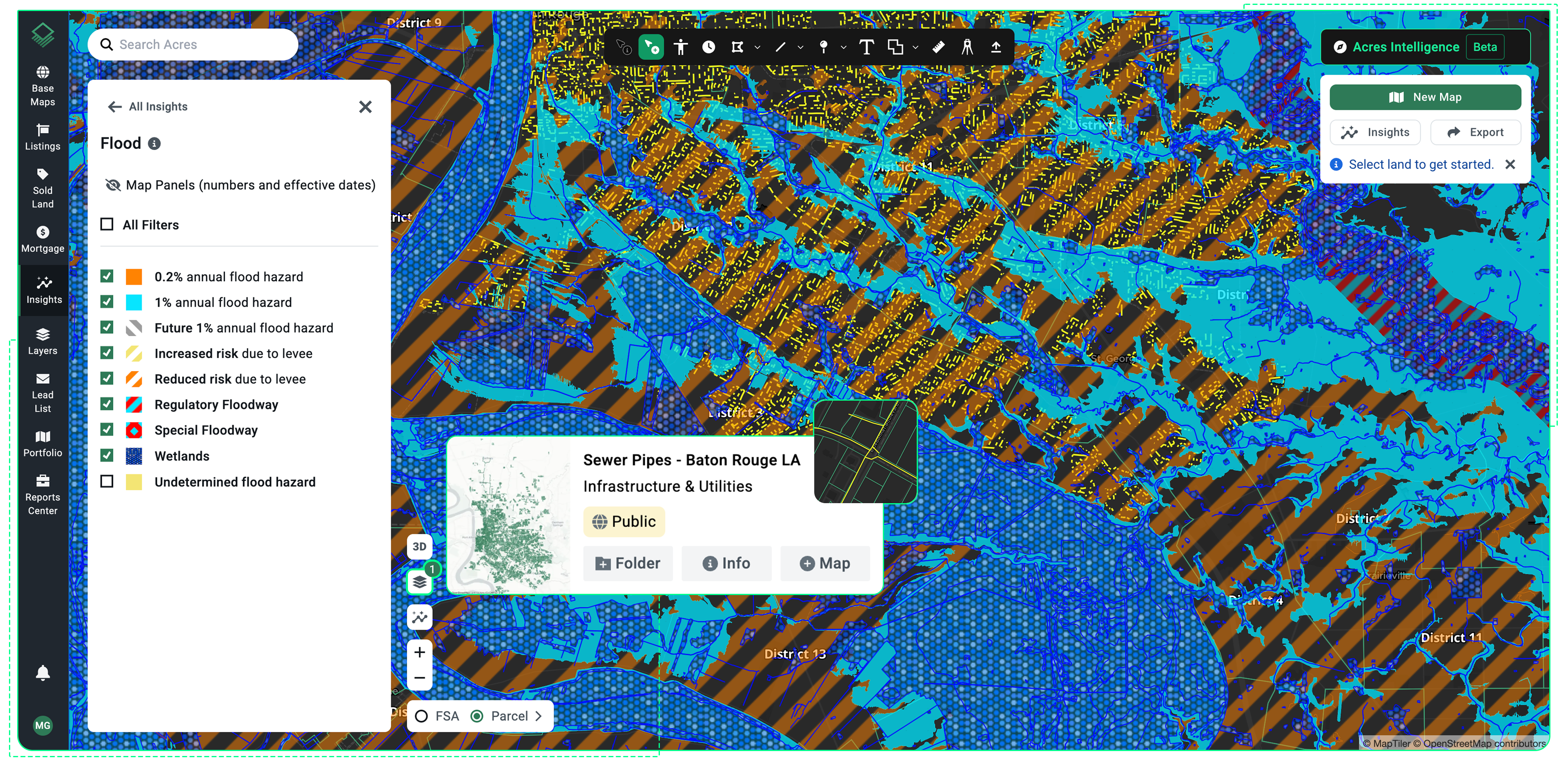 Acres platform screenshot showing FEMA flood zone classifications and sewer infrastructure layers overlaid on a parcel map near Baton Rouge, LA, consolidating environmental and utility data in one view to assess how flood risk and access affect land value