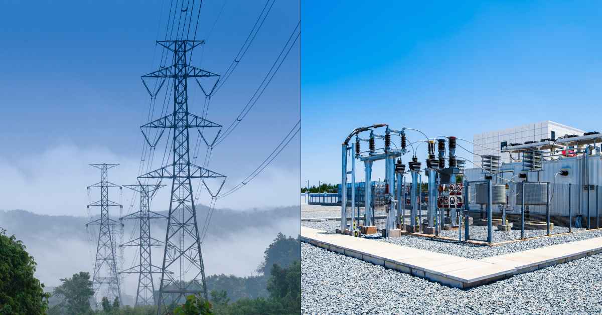 Comparison of high-voltage steel lattice transmission towers on the left and a power substation transformer node on the right, illustrating power proximity vs substation capacity.