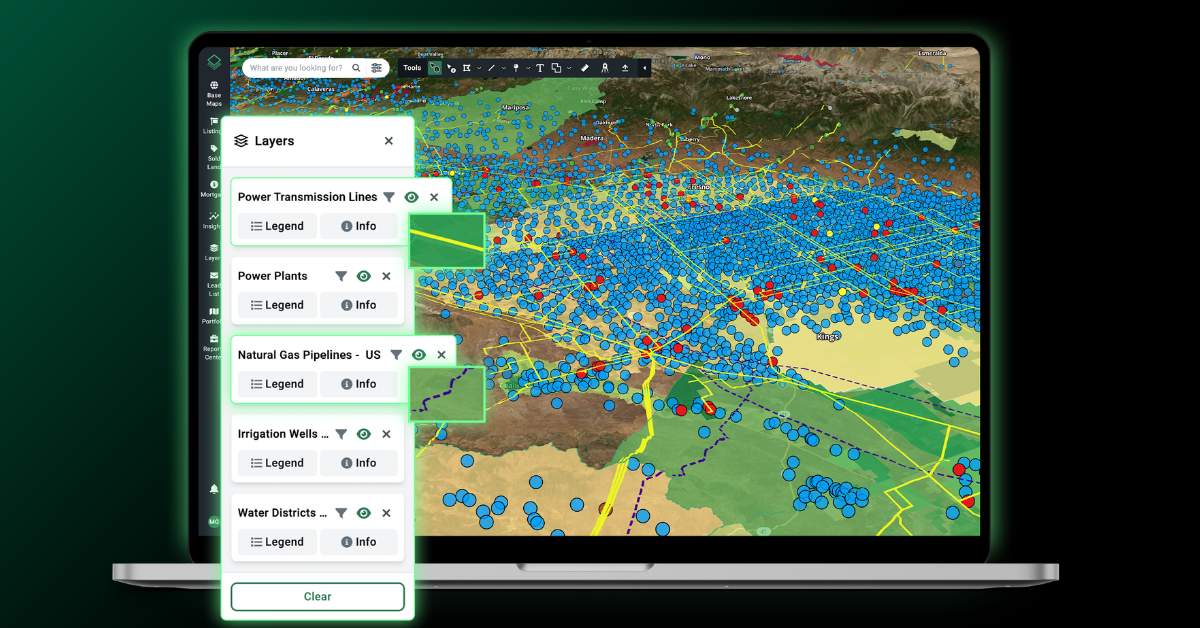 GIS land intelligence tool mapping parcel data, power plants, and transmission lines to build the best data center facility.