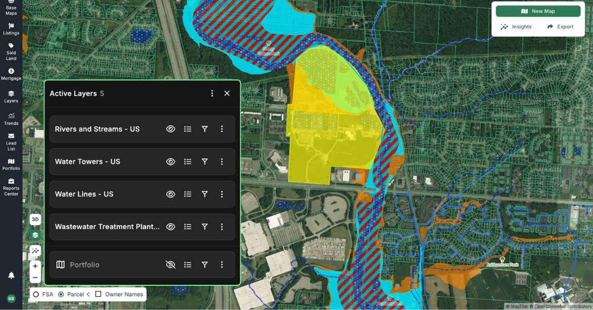 Acres platform map interface screening water lines, water towers, and rivers for data center cooling water access and site selection.
