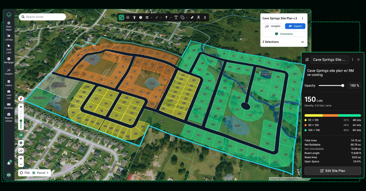 Interactive lot yield layout generated on aerial GIS mapping software using Acres Site Planner for homebuilder site feasibility analysis.