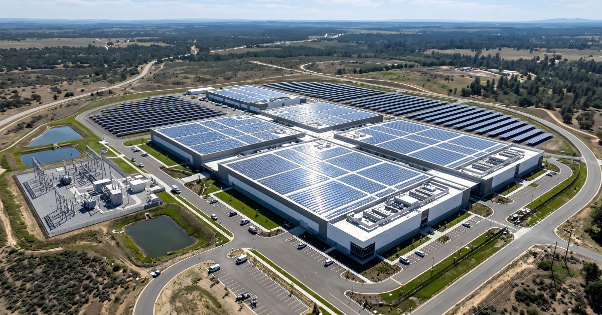 Aerial view of a modern data center site with adjacent power substation and rooftop solar array, illustrating power-first site selection and grid proximity for data center development.