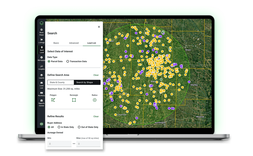Acres lead list search on laptop with land use filters and parcel map for off-market land prospecting