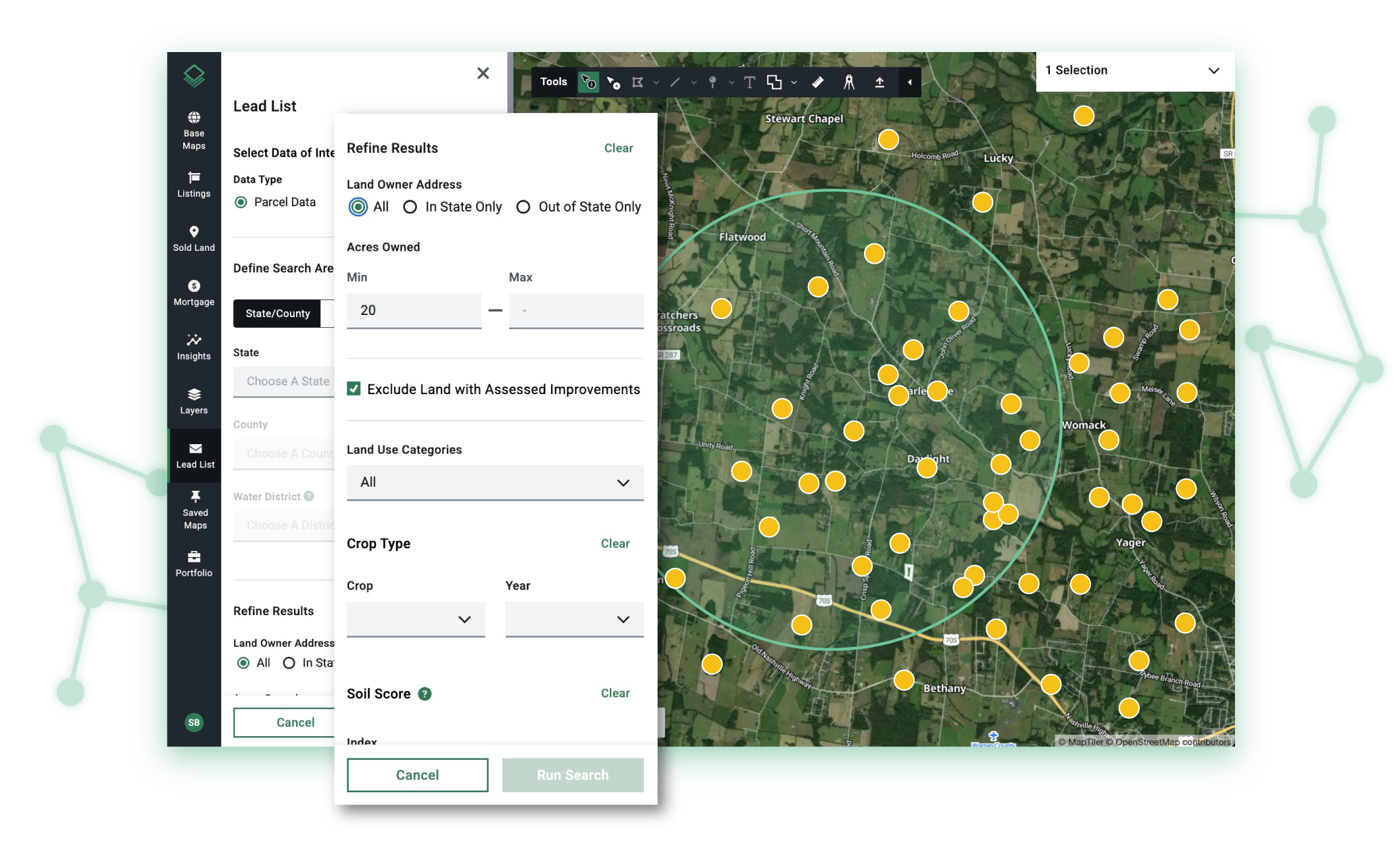 Acres Pro targeted land prospecting interface showing precision lead lists filtered by land use, acreage, and location