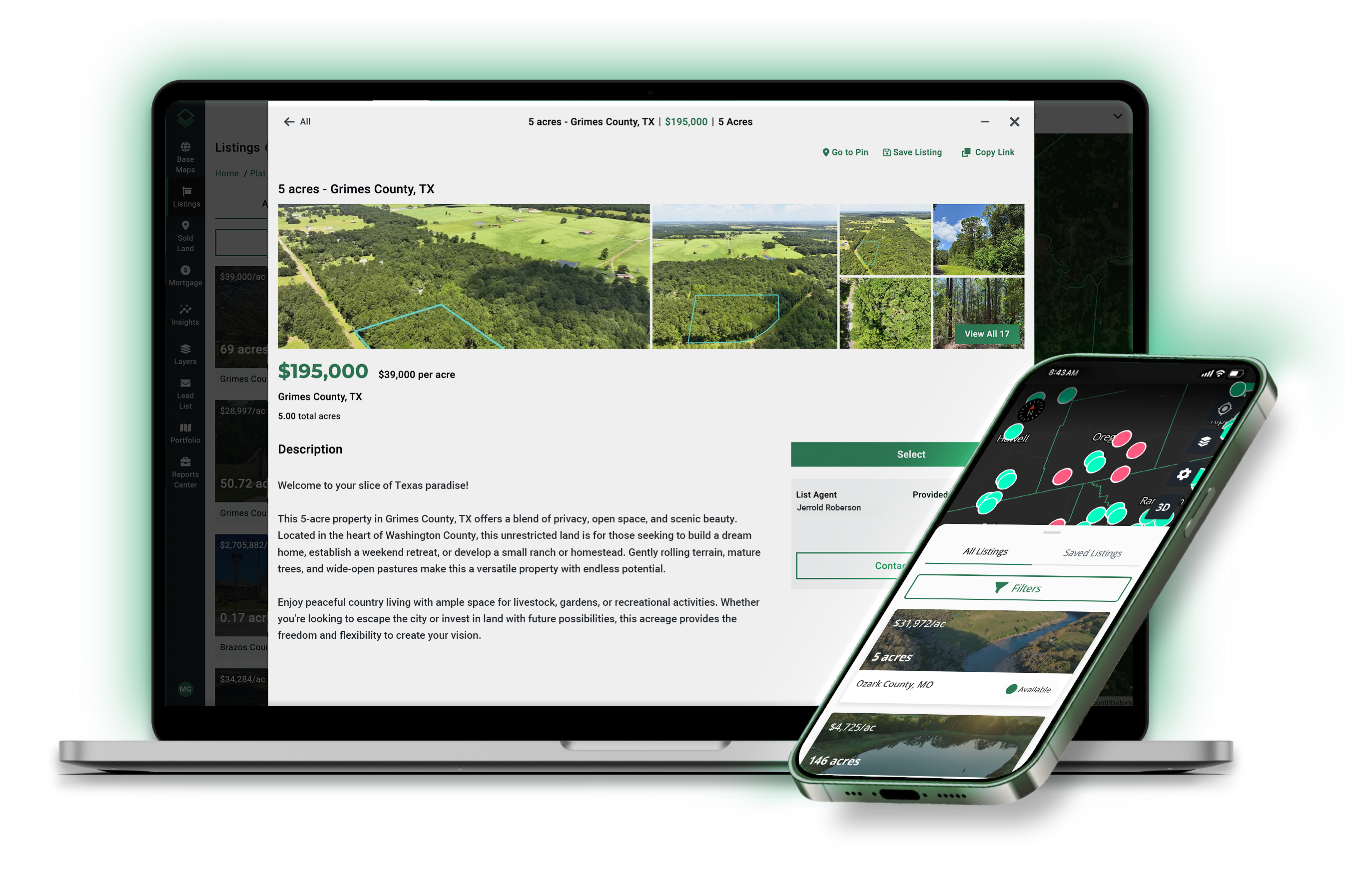 Acres.com displaying a 5-acre parcel in Grimes County, TX for $195,000, with filters for acreage, land use, and ownership status across 150 million searchable parcels nationwide to help the land buying process