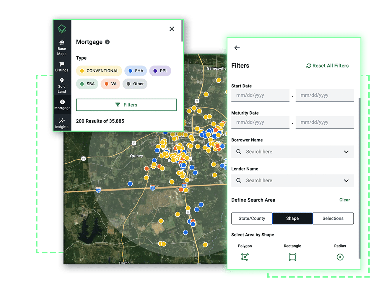 Acres mortgage database filter showing conventional, FHA, and SBA loan types with active buyer map for land lending prospecting