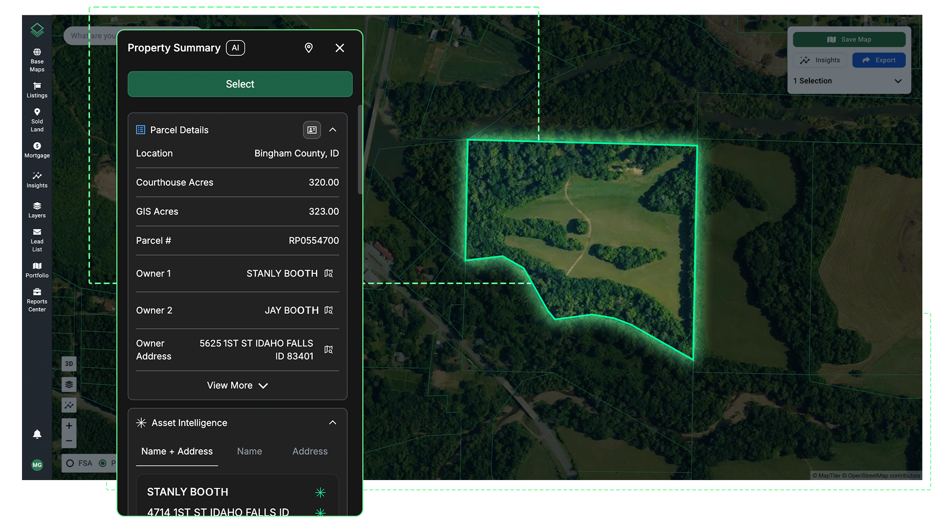 Acres.com displaying a property summary panel for a 320-acre parcel in Bingham County, ID with ownership records, parcel details, and boundary overlay to streamline land due diligence when buying land