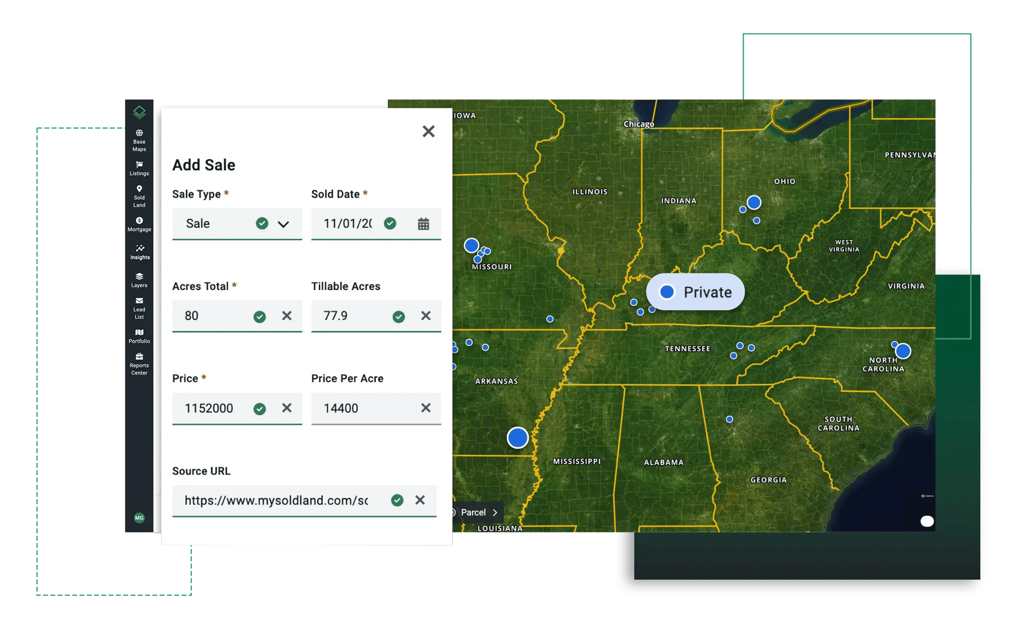 Private land sales database in Acres with add sale form showing acreage, price per acre, and source