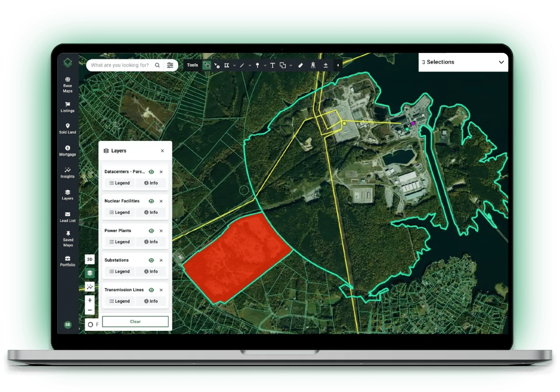 Acres data center site map on laptop showing power infrastructure layers including substations, transmission lines, and power plants