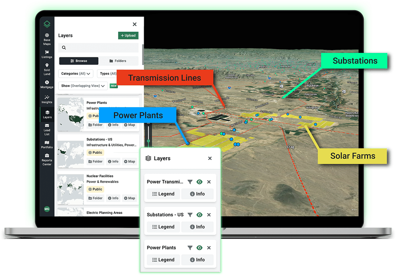 Acres layers on laptop displaying transmission lines, substations, power plants, and solar farms on a GIS map