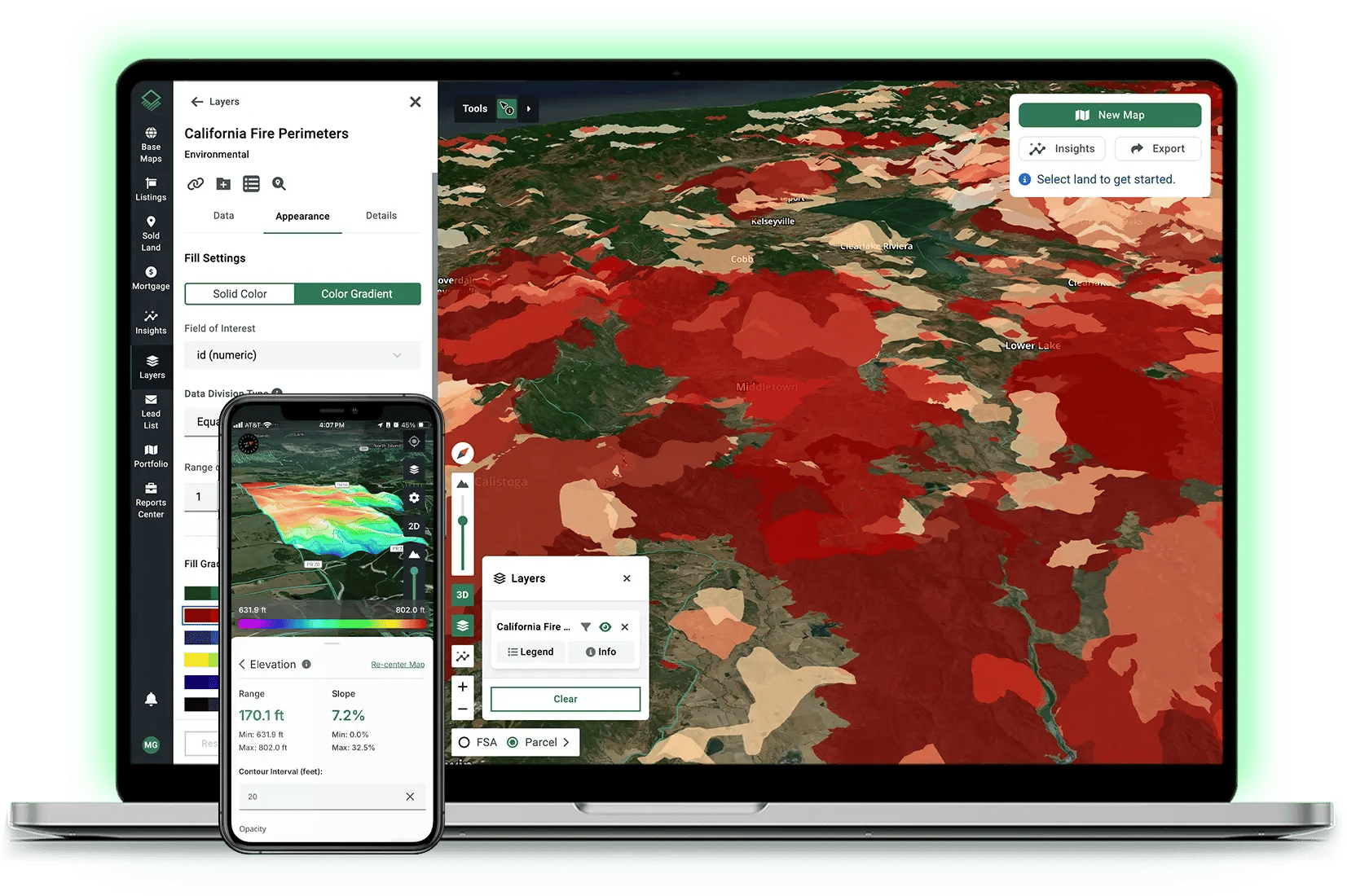 Acres platform on laptop and mobile showing California fire perimeter layer with elevation and color gradient styling Acres platform on laptop and mobile showing California fire perimeter layer with elevation and color gradient styling