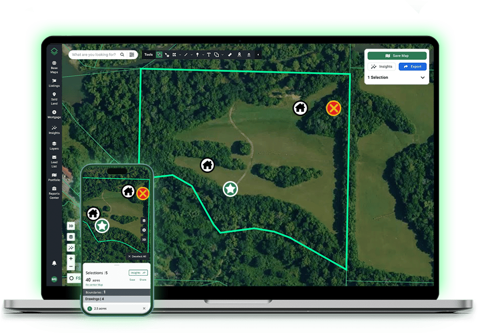 Acres custom map on laptop and mobile showing parcel boundaries with point markers for land mapping