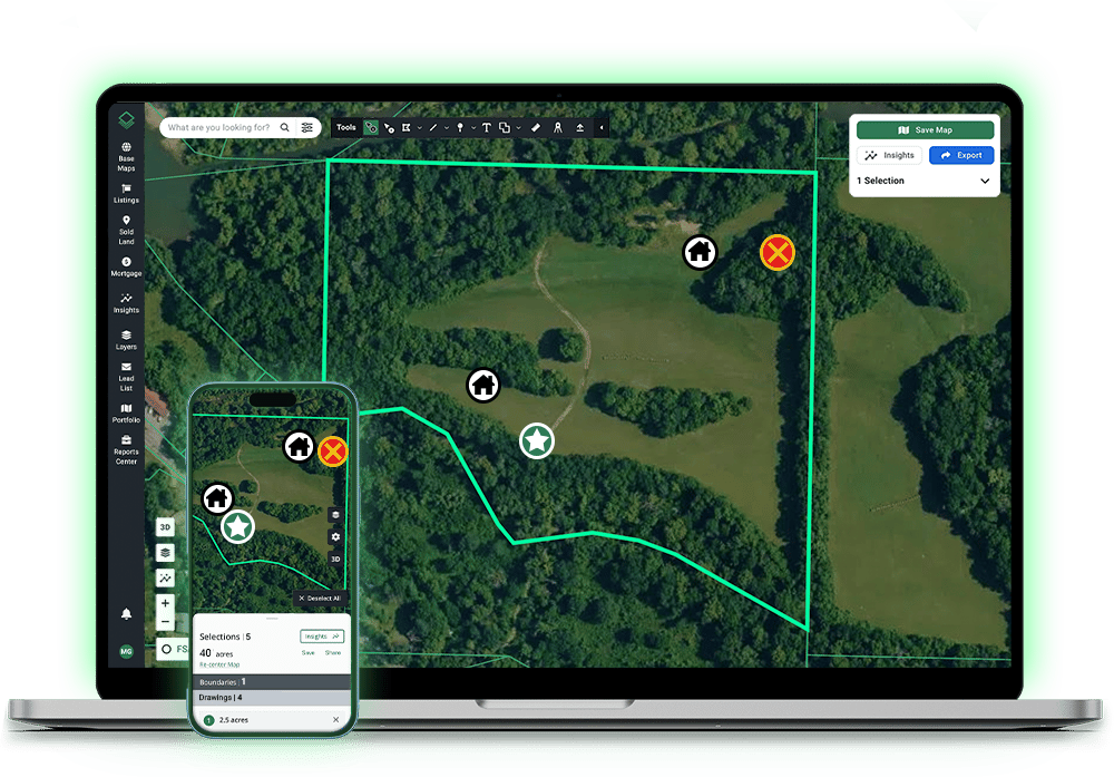 Acres custom land map synced across laptop and mobile with shareable direct link and boundary drawings for real estate listings