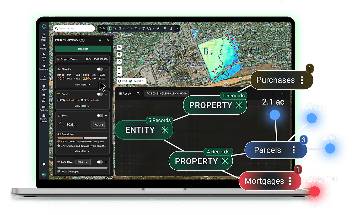 Acres Asset Intelligence graph on laptop mapping data center land purchases through entities, parcels, and mortgages for competitor tracking