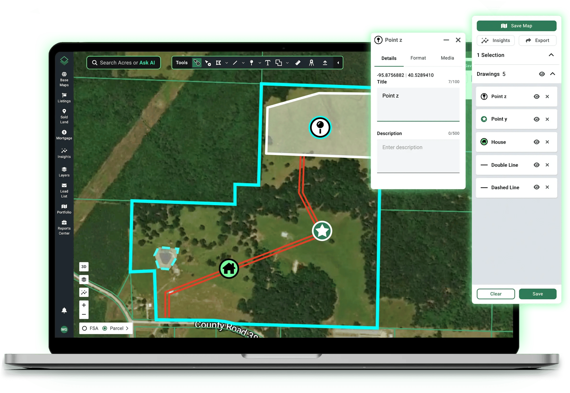 Acres custom map builder with point markup tools, boundary drawings, and shareable selections panel