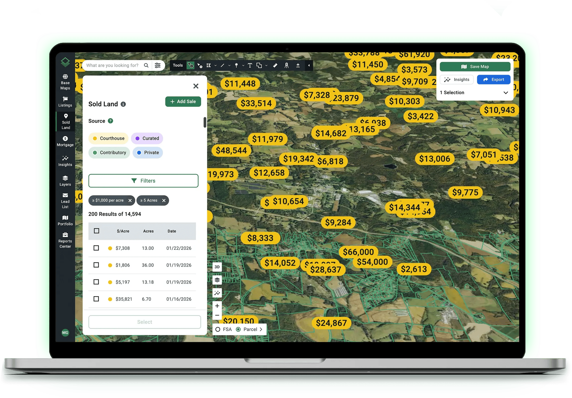 Acres nationwide sold land map on laptop showing price-per-acre sales data for retail market trend analysis and site negotiation Acres nationwide sold land map on laptop showing price-per-acre sales data for retail market trend analysis and site negotiation