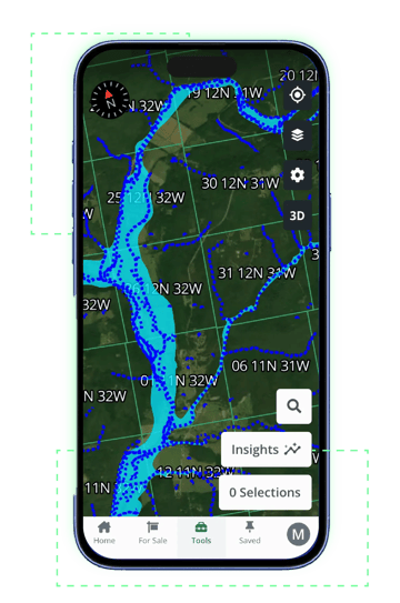 Acres mobile app displaying flood zone and township grid map for parcel-level land insights in the field
