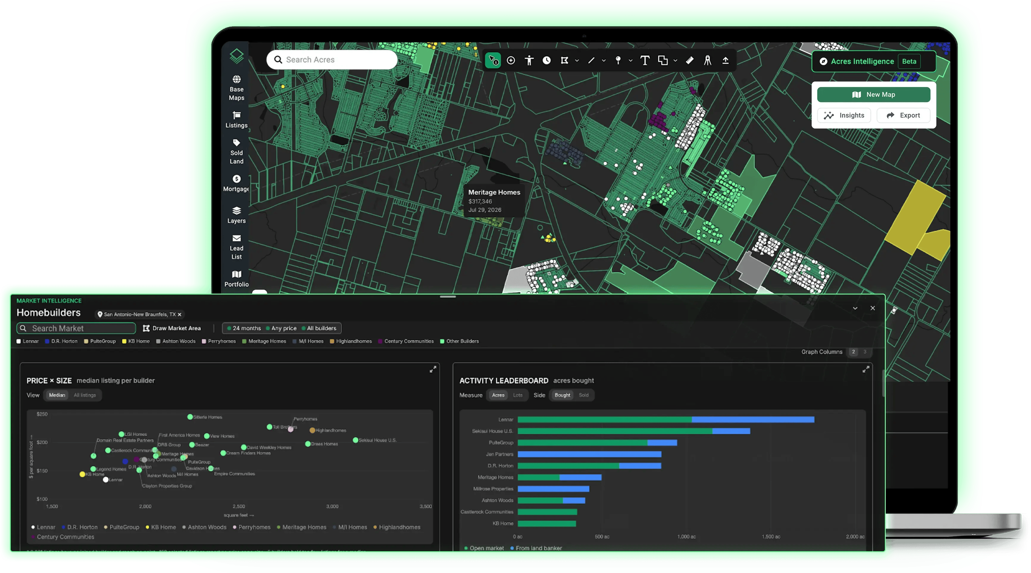 Granular map view displaying lot-level transfers, building permits, and small-lot homebuilder developments.