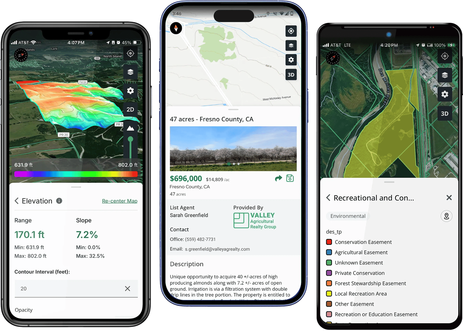 Acres mobile app on three phones showing elevation contour map, land listing detail, and conservation easement layer for fieldwork
