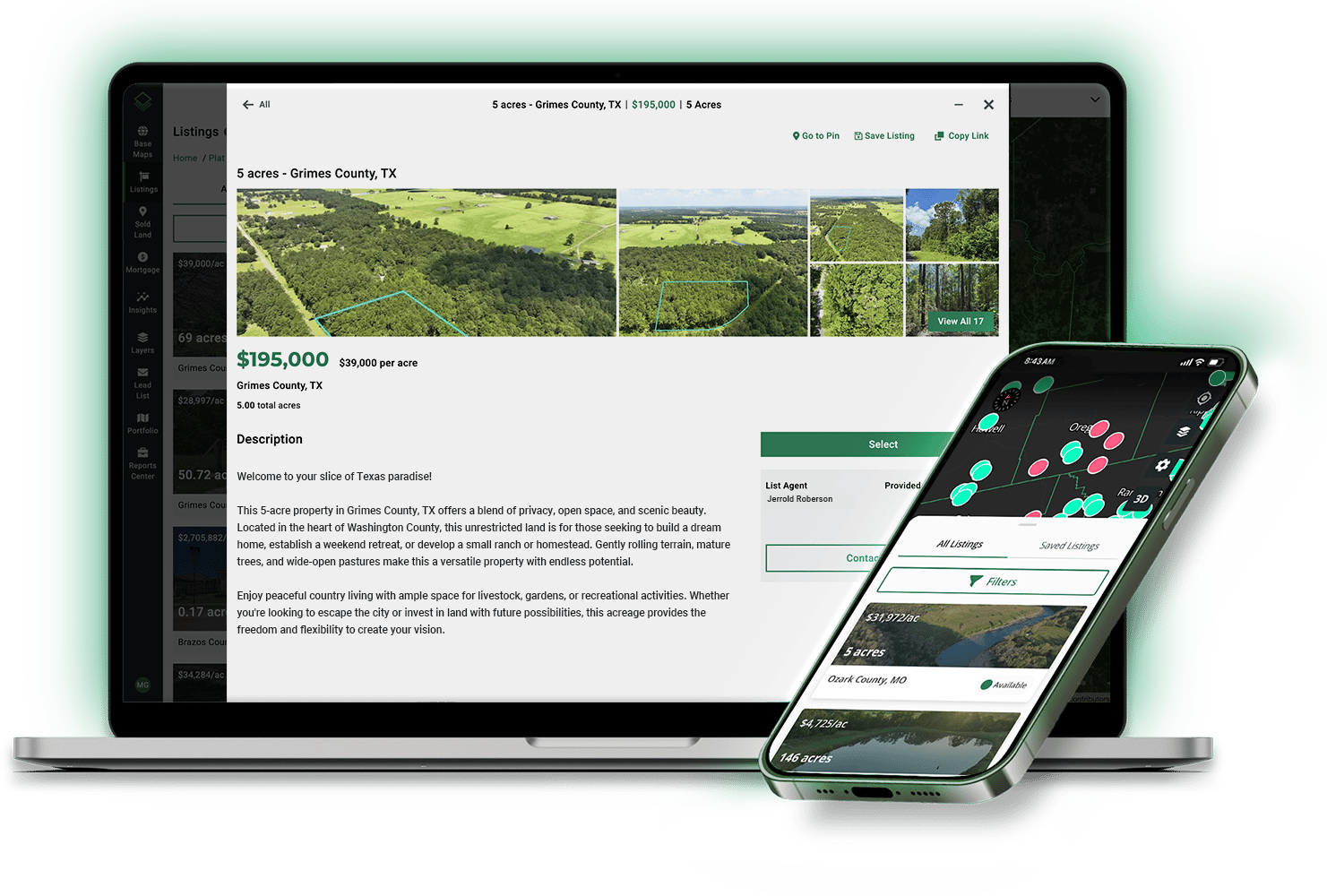 Acres land listing platform on laptop and mobile showing a 5-acre Grimes County Texas property at $195,000 for targeted buyer reach
