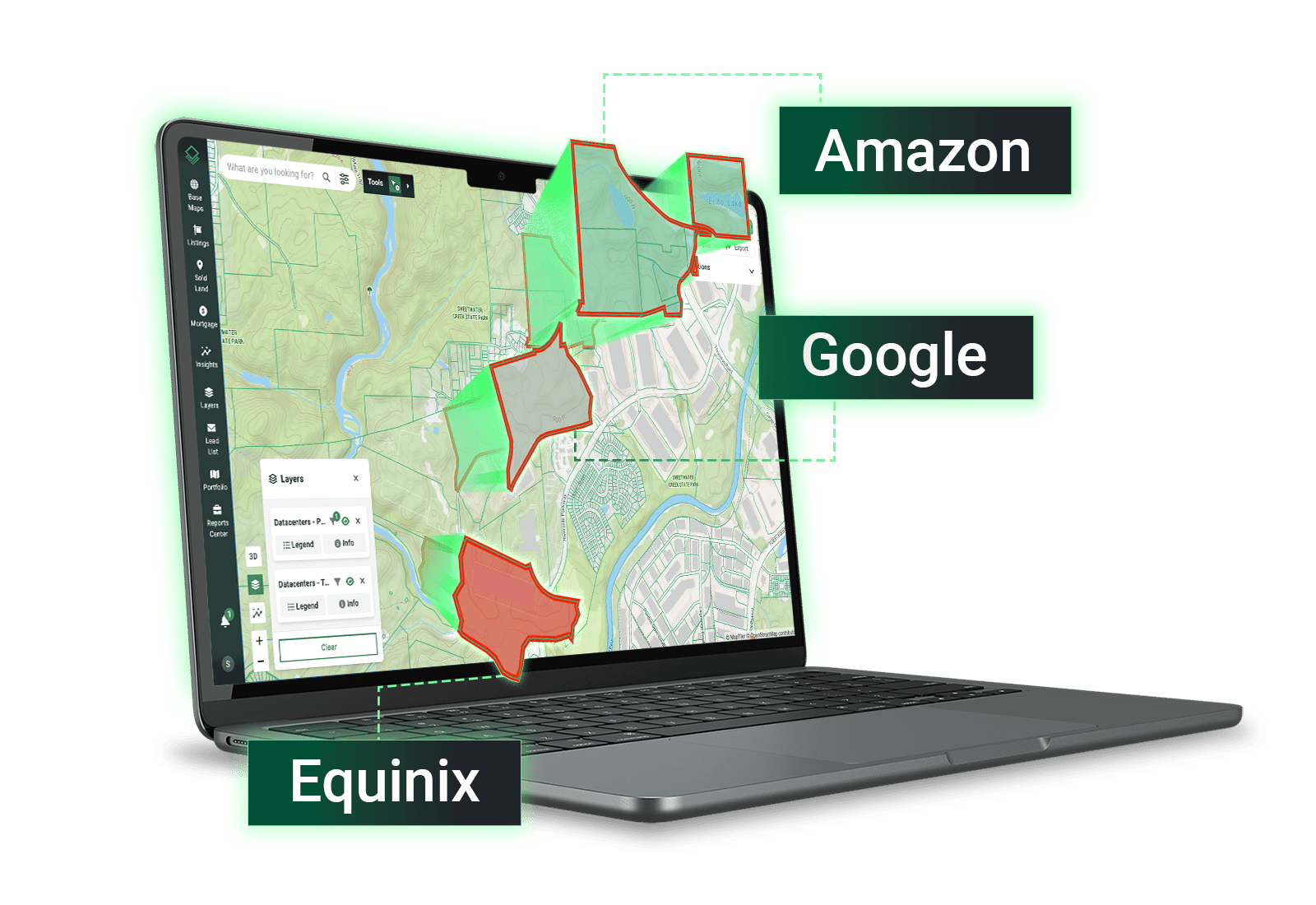 Acres Data Center Index map on laptop tracking hyperscaler land acquisitions by Amazon, Google, and Equinix for market intelligence Acres Data Center Index map on laptop tracking hyperscaler land acquisitions by Amazon, Google, and Equinix for market intelligence