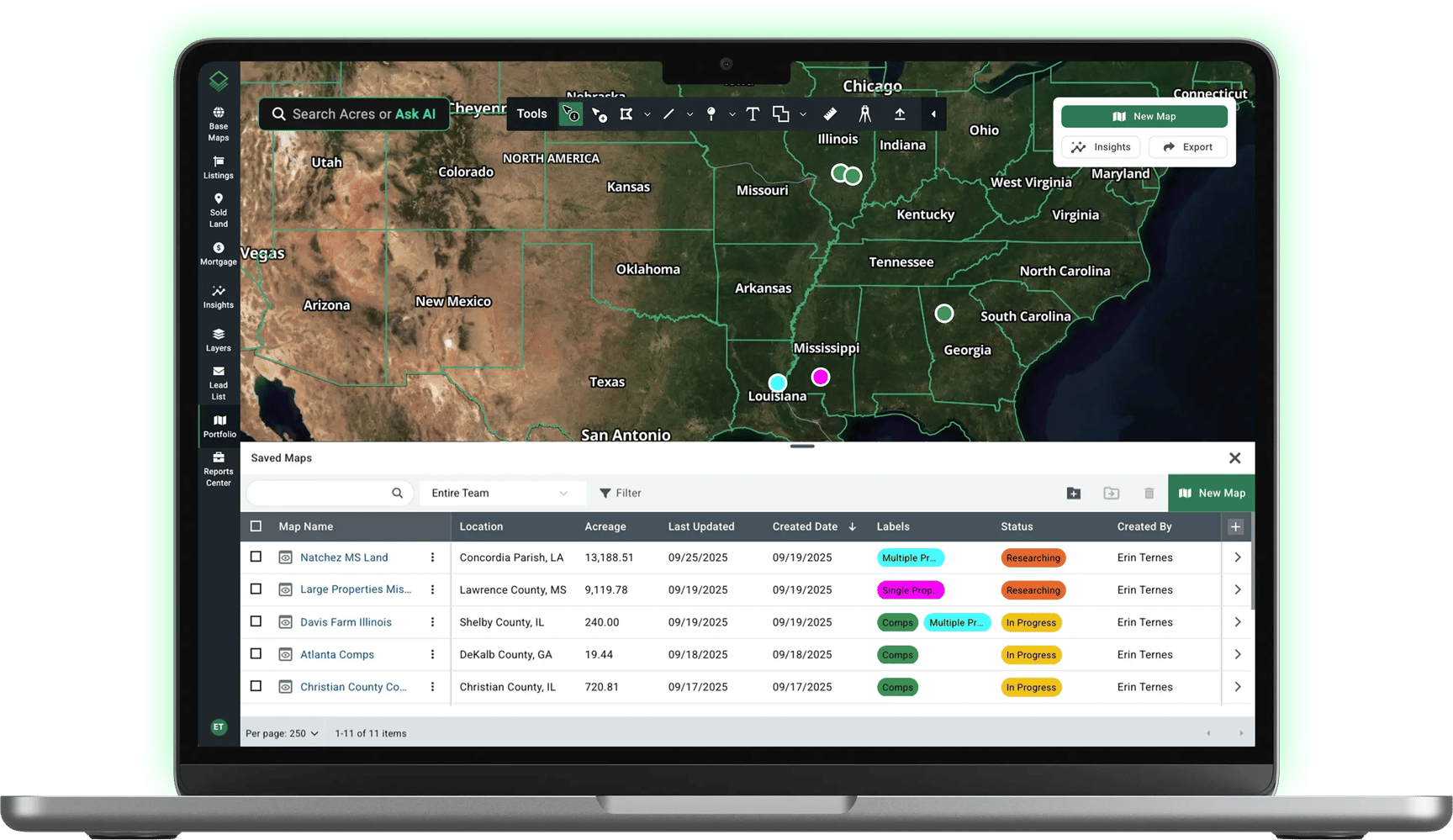 Acres portfolio management dashboard on laptop showing deal tracker with status labels and team assignments on a land map Acres portfolio management dashboard on laptop showing deal tracker with status labels and team assignments on a land map