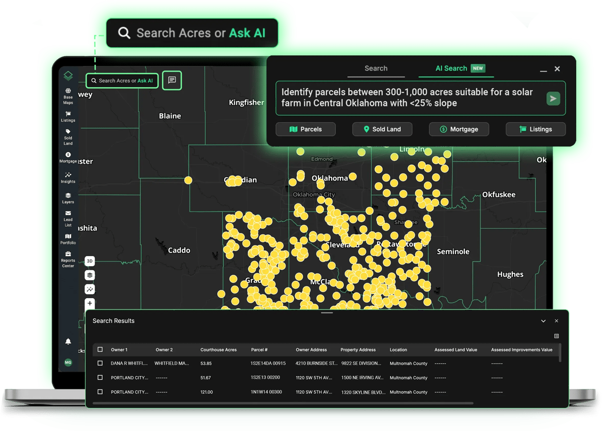 Acres Intelligence finding 300 to 1000 acre parcels suitable for a solar farm in Central Oklahoma with less than 25 percent slope