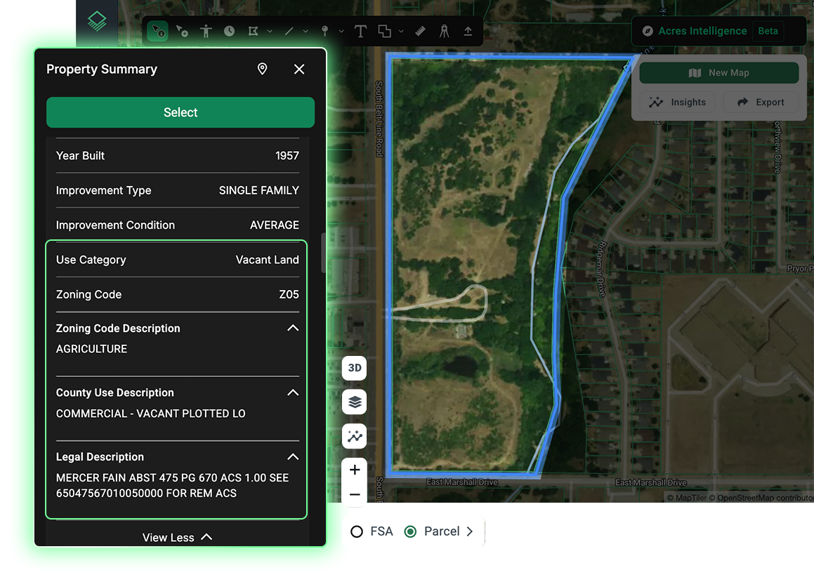 Acres.com property summary panel displaying zoning code, use category, and county use description for a vacant agricultural parcel to help land professionals decode zoning designations during parcel research