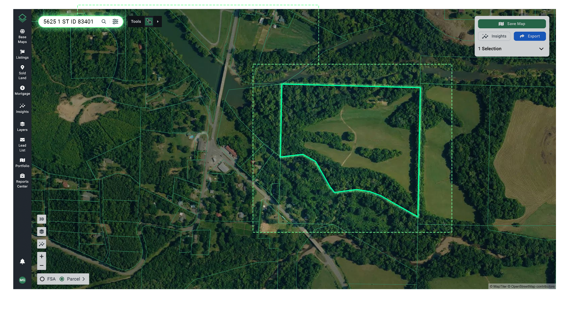 Acres parcel map screenshot showing exact property boundary lines highlighted in green over aerial imagery for a rural parcel at 5625 1st St, Idaho, illustrating how to find property lines online using county assessor data